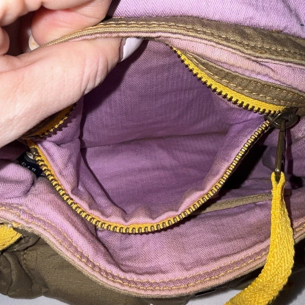 VTG GAP Jeans 1969 Hobo Buckle Shoulder Bag Brown Yellow Leather Canvas Purse